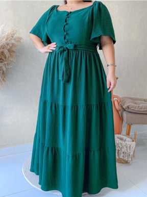 Vestido Longo Verde Esmeralda, com botões funcionais