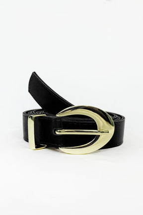 Cinto de Couro Sintético com Fivela Dourada Arredondada