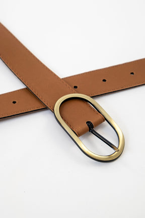Cinto de Couro Sintético com Fivela Oval Caramelo