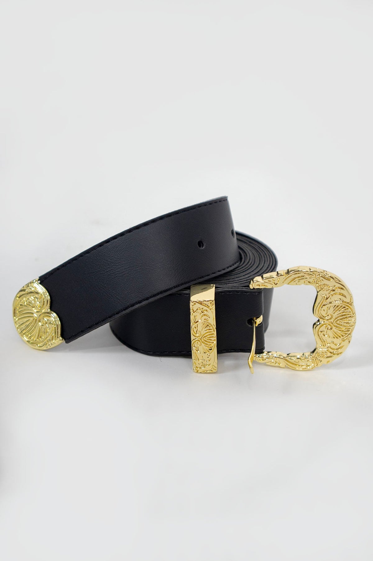 Cinto de Couro Sintético Largo com Fivela Trabalhada