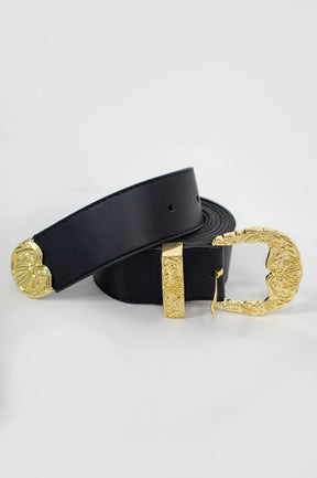 Cinto de Couro Sintético Largo com Fivela Trabalhada