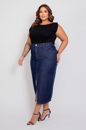 Saia Midi com Fenda Frontal Jeans