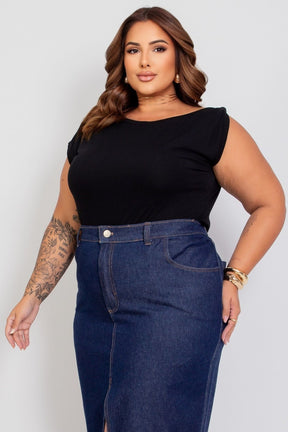 Saia Midi com Fenda Frontal Jeans