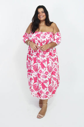 Vestido Midi Ombro a Ombro com Mangas Diana