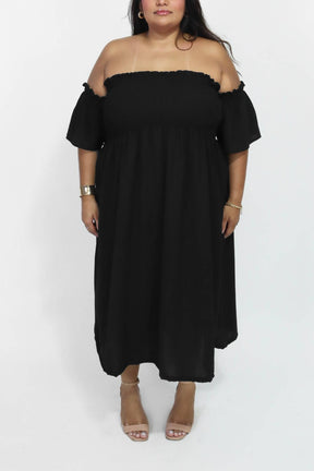 Vestido Midi Ombro a Ombro com Mangas Duna