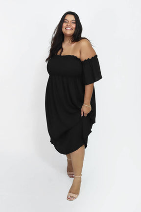 Vestido Midi Ombro a Ombro com Mangas Duna