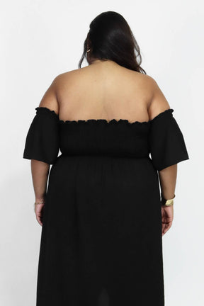 Vestido Midi Ombro a Ombro com Mangas Duna